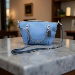 Coach Light Blue Pebbled Leather Crossbody with Navy Trim and Silver Accents
